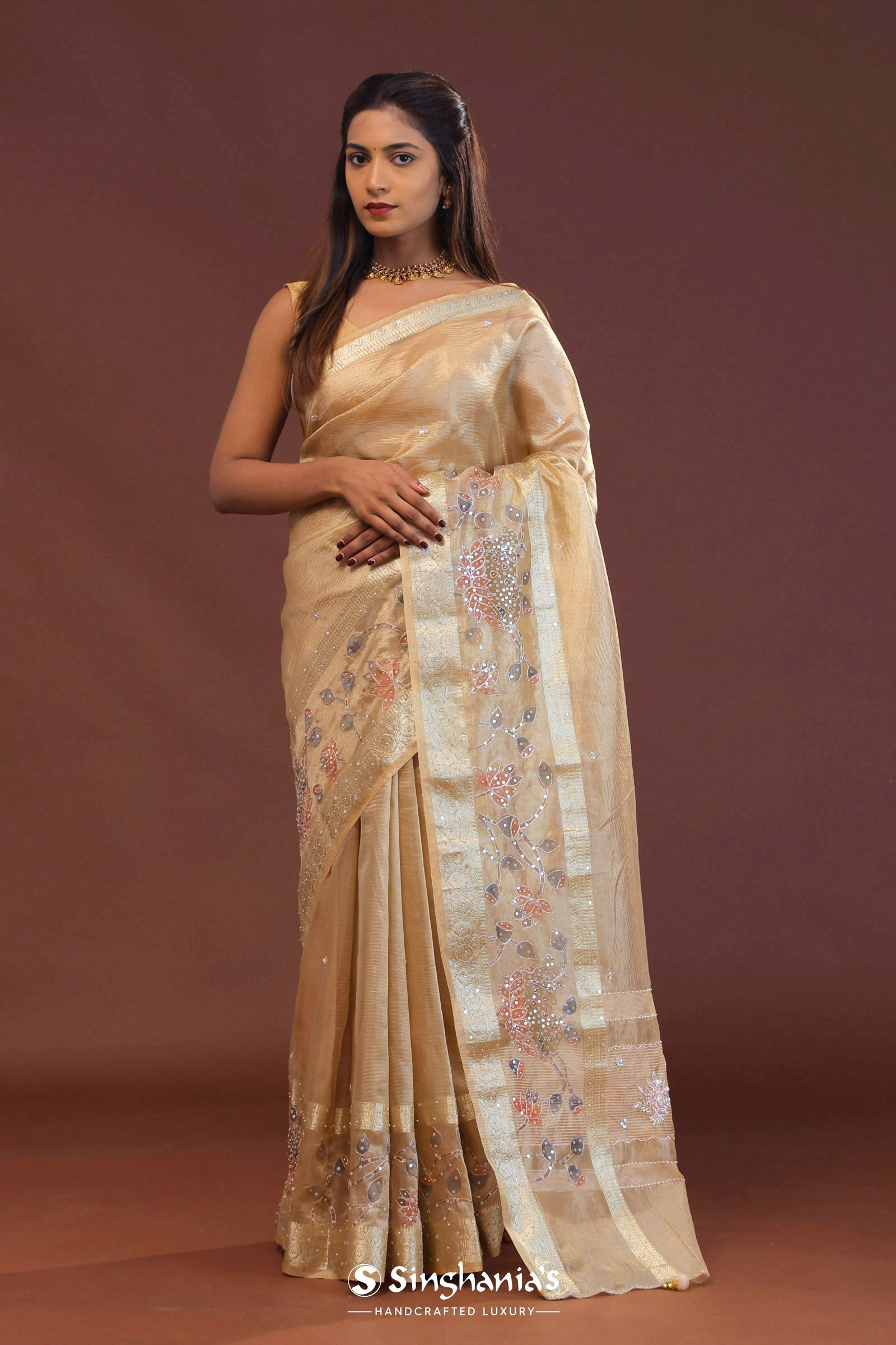 Beige Crushed Tissue Organza Embroidery Saree With Gold Zari Border