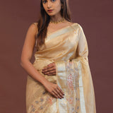 Beige Crushed Tissue Organza Embroidery Saree With Gold Zari Border