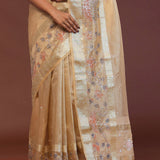 Beige Crushed Tissue Organza Embroidery Saree With Gold Zari Border