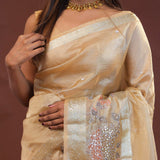 Beige Crushed Tissue Organza Embroidery Saree With Gold Zari Border