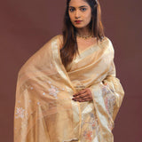 Beige Crushed Tissue Organza Embroidery Saree With Gold Zari Border