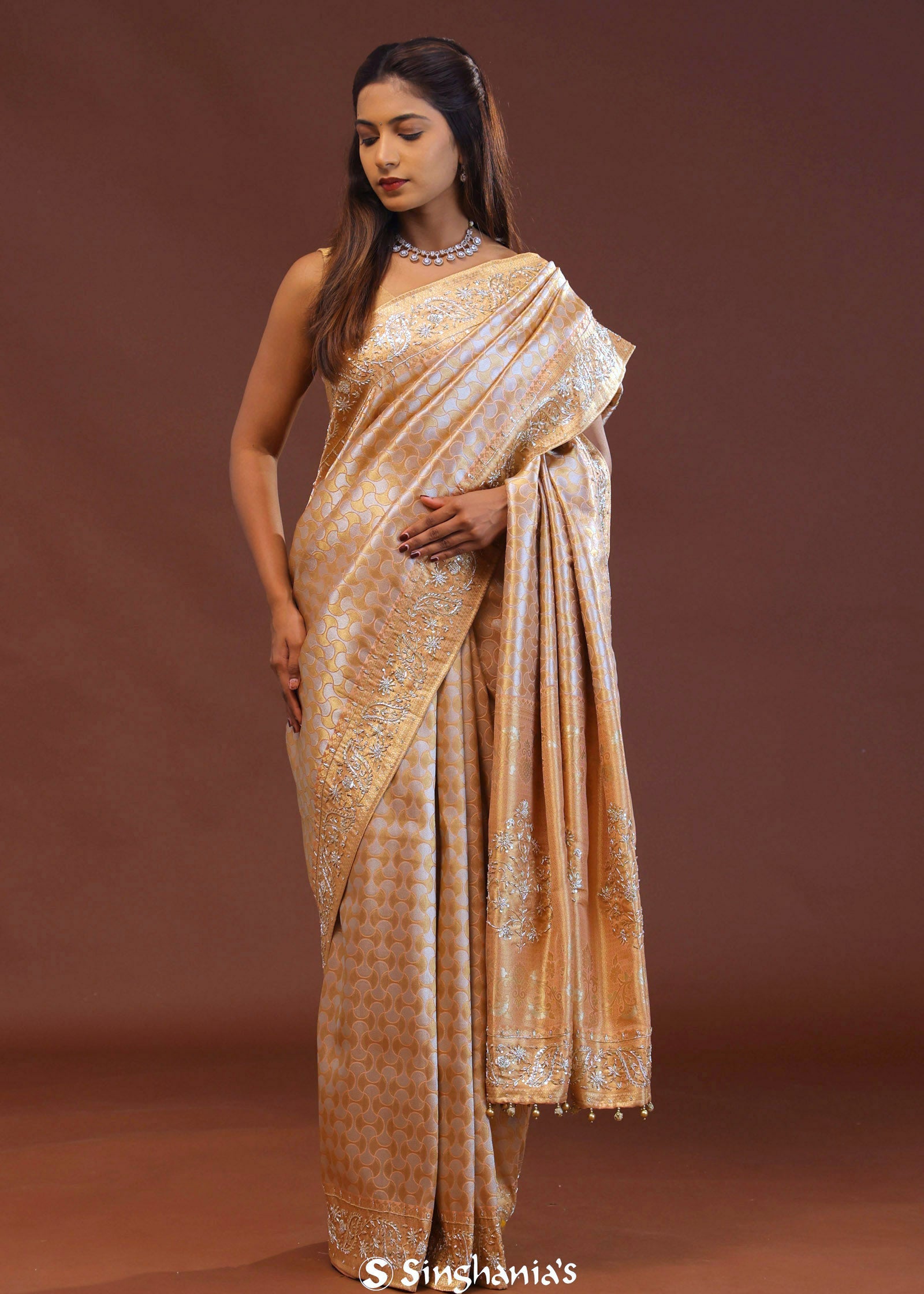 Peach Banarasi Embroidery Saree With Gold Border