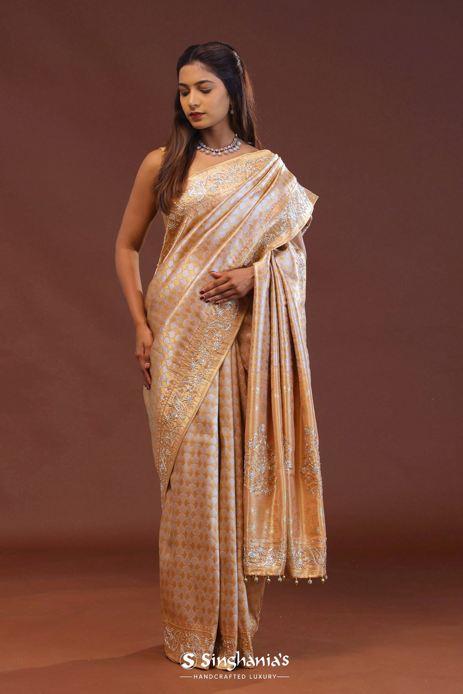Peach Banarasi Embroidery Saree With Gold Border