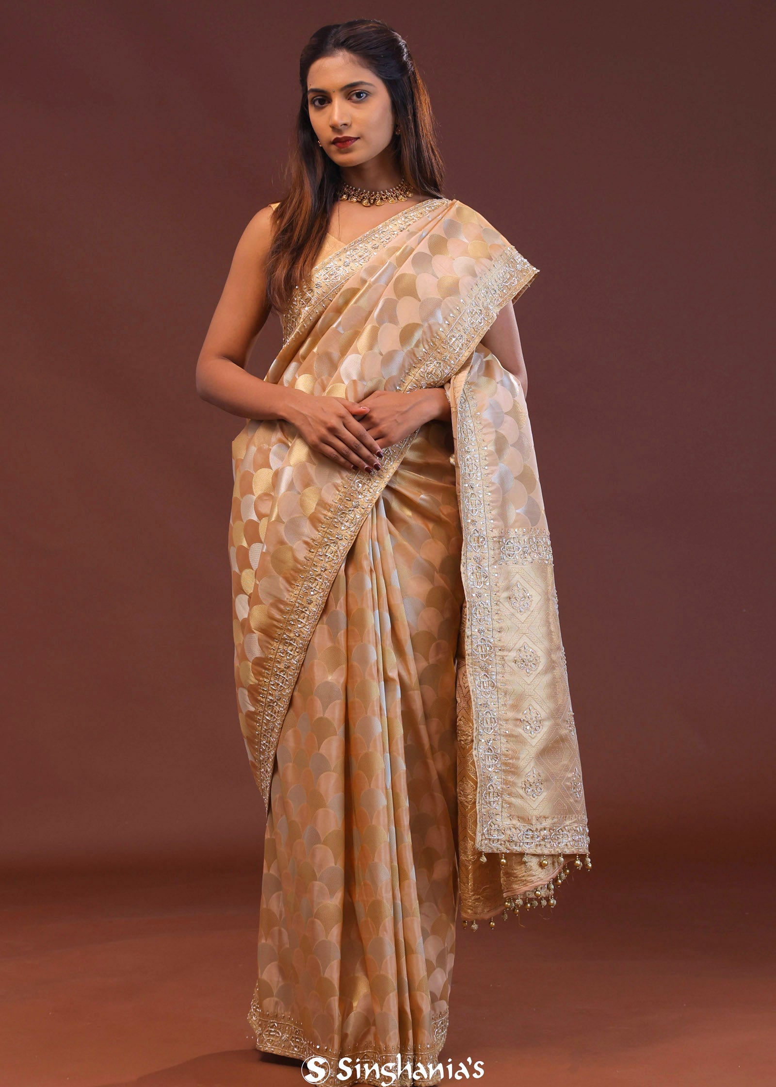 Soft Peach Banarasi Embroidery Saree With Golden Border
