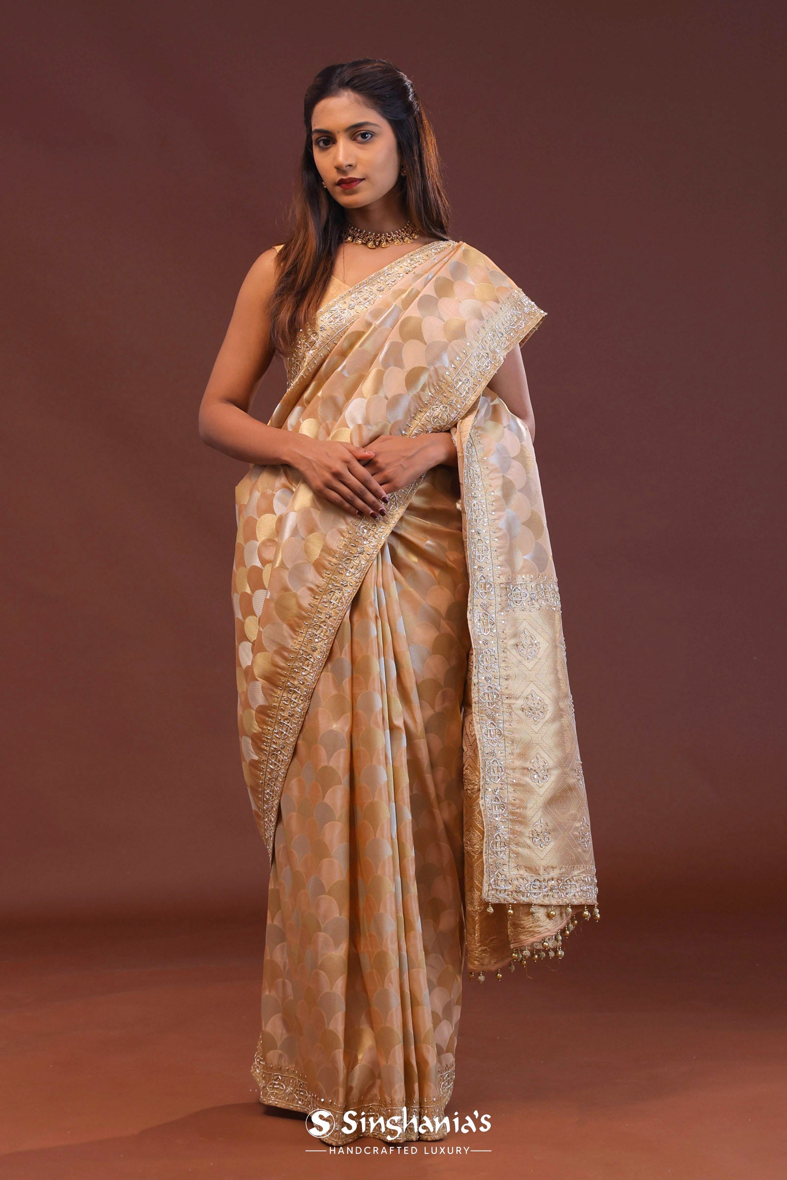 Soft Peach Banarasi Embroidery Saree With Golden Border