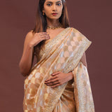 Soft Peach Banarasi Embroidery Saree With Golden Border