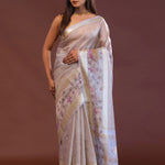 Lilac Crushed Tissue Organza Embroidery Saree With Golden Border