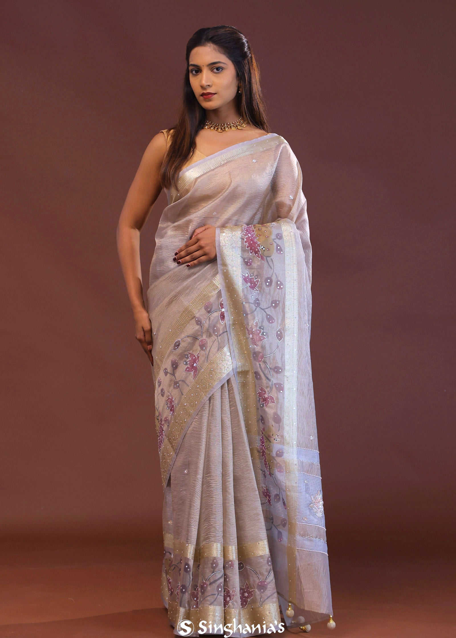 Lilac Crushed Tissue Organza Embroidery Saree With Golden Border