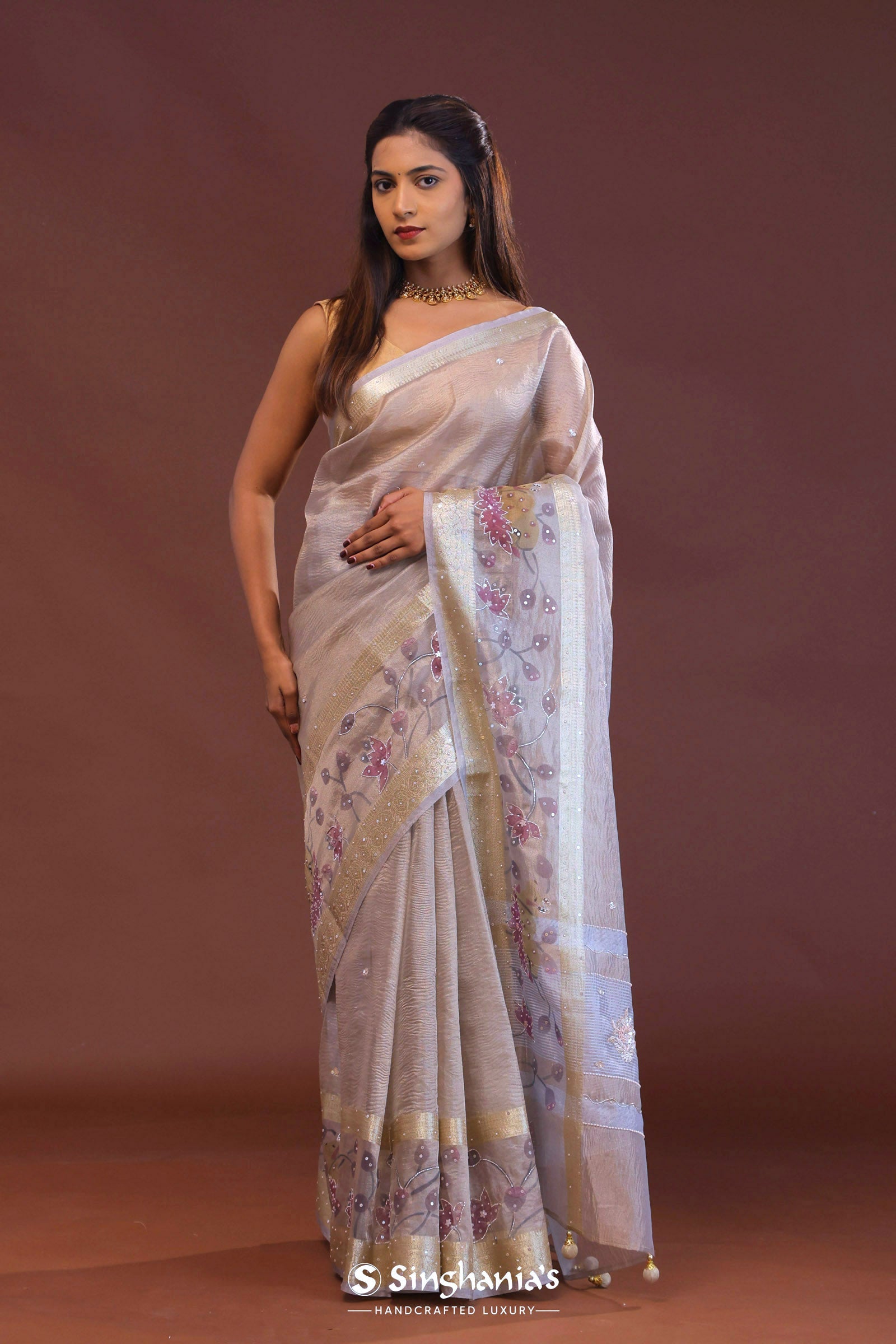 Lilac Crushed Tissue Organza Embroidery Saree With Golden Border