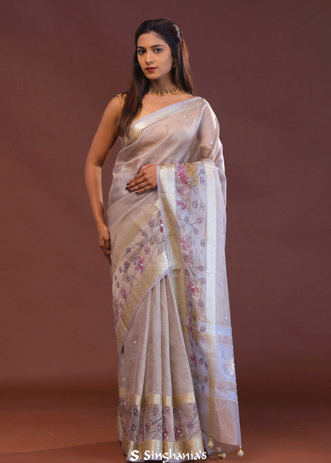 <img> Lilac Crushed Tissue Organza Embroidery Saree With Golden Border