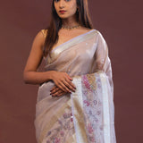 Lilac Crushed Tissue Organza Embroidery Saree With Golden Border