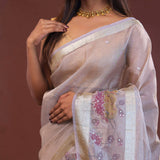 Lilac Crushed Tissue Organza Embroidery Saree With Golden Border