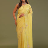 Macaroon Yellow Organza Embroidery Saree With Scallop Border
