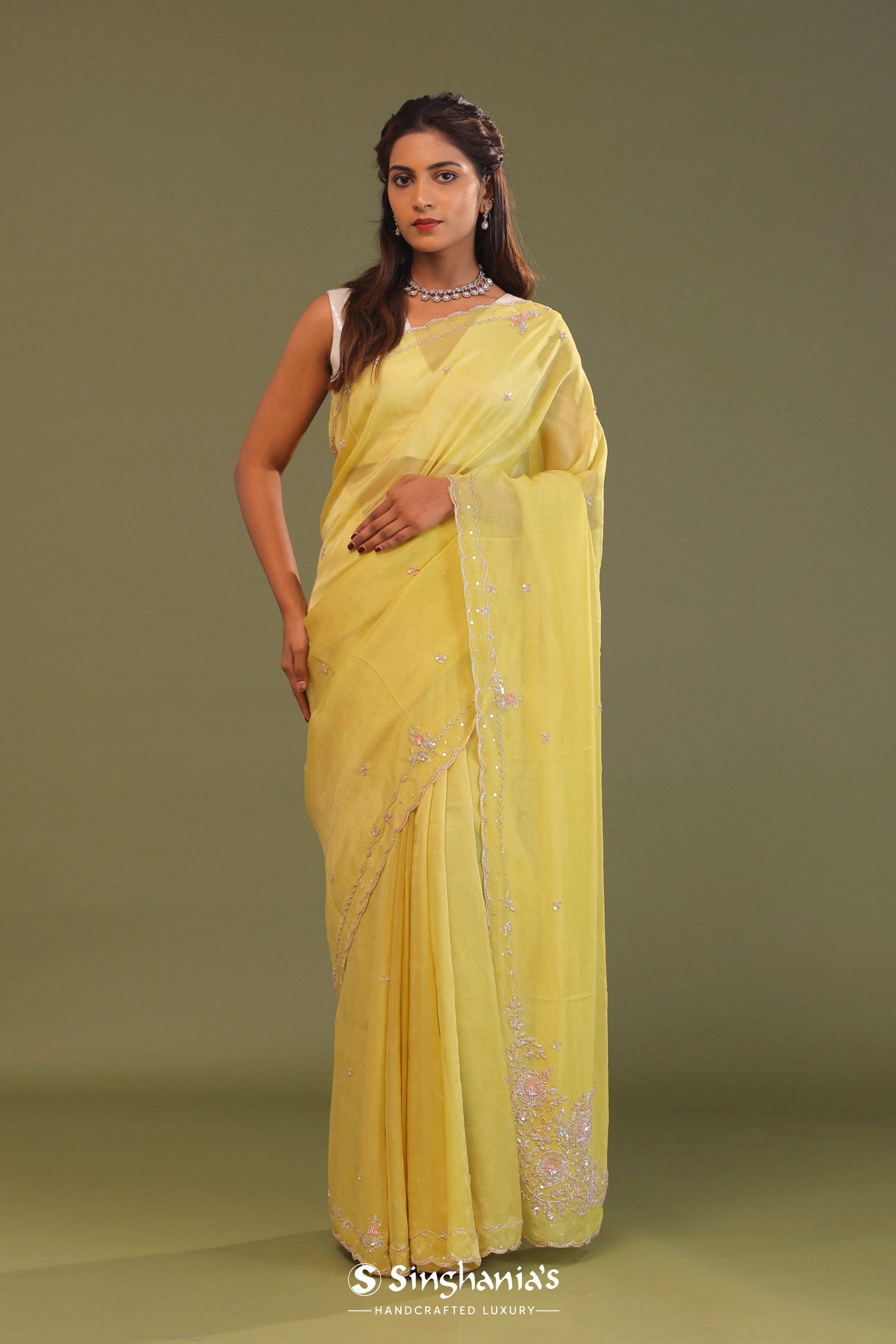 Macaroon Yellow Organza Embroidery Saree With Scallop Border