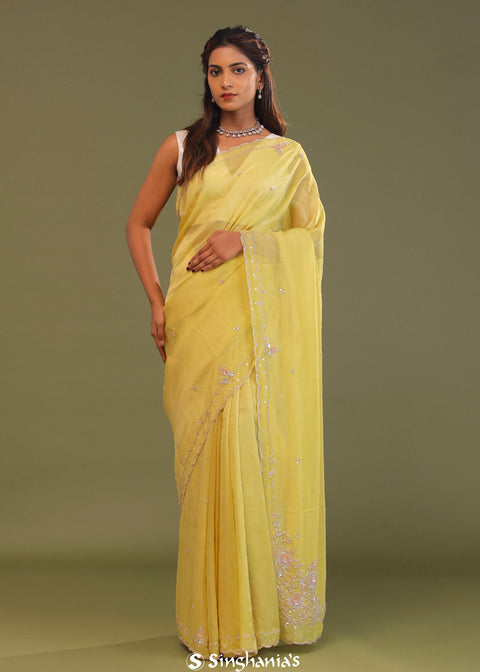 <img>Macaroon Yellow Organza Embroidery Saree With Scallop Border