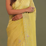 Macaroon Yellow Organza Embroidery Saree With Scallop Border