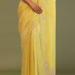 Macaroon Yellow Organza Embroidery Saree With Scallop Border