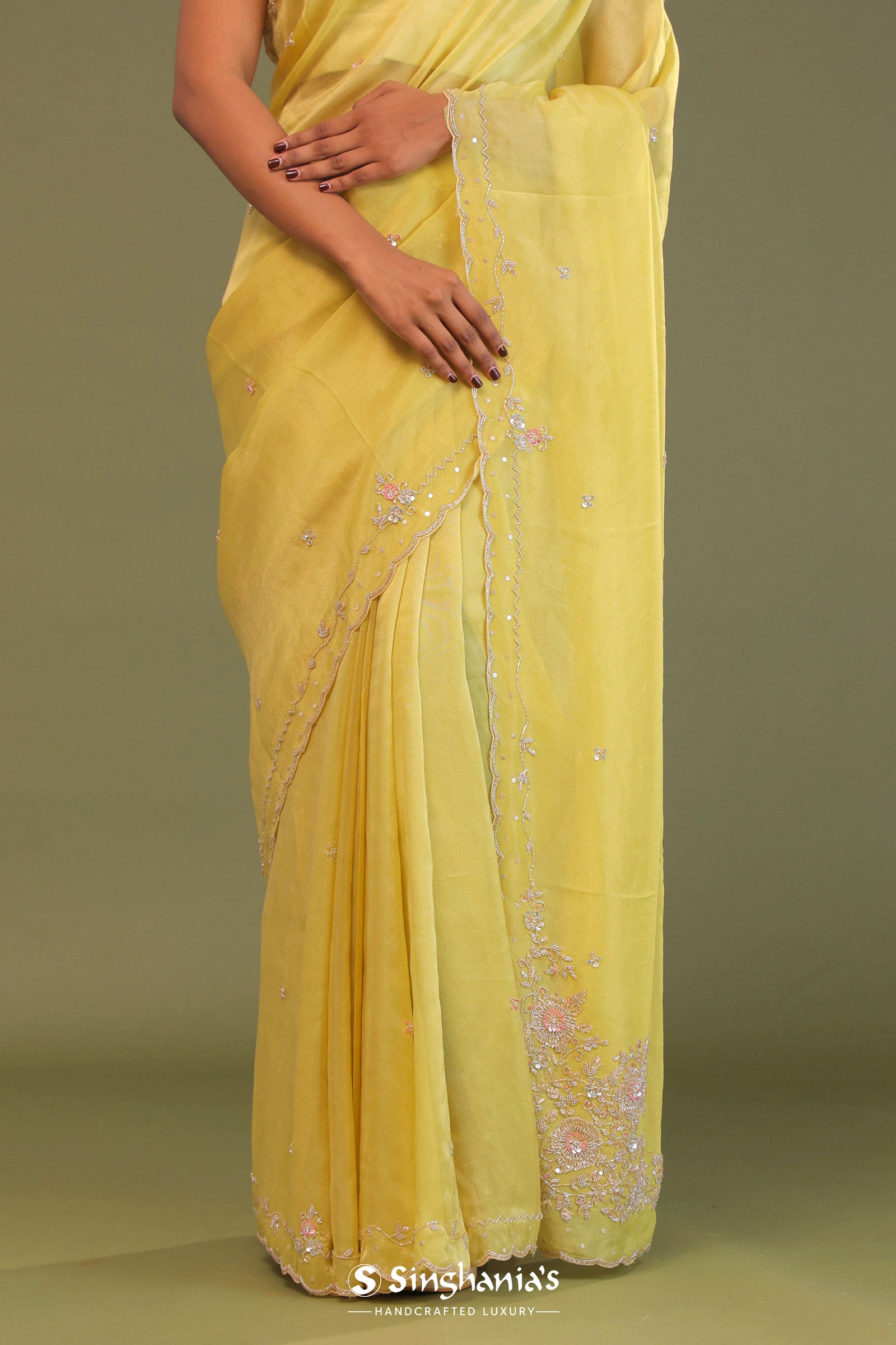 Macaroon Yellow Organza Embroidery Saree With Scallop Border