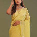 Macaroon Yellow Organza Embroidery Saree With Scallop Border