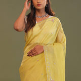 Macaroon Yellow Organza Embroidery Saree With Scallop Border