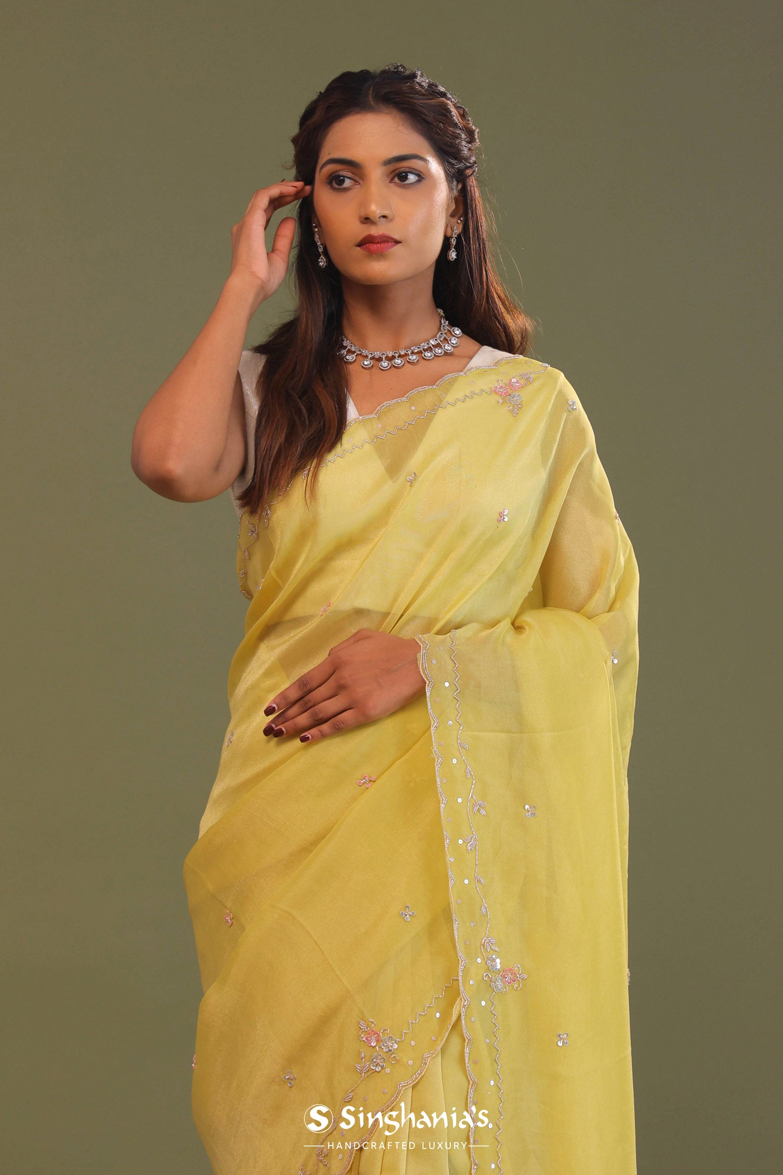 Macaroon Yellow Organza Embroidery Saree With Scallop Border