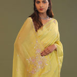 Macaroon Yellow Organza Embroidery Saree With Scallop Border