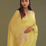 Macaroon Yellow Organza Embroidery Saree With Scallop Border