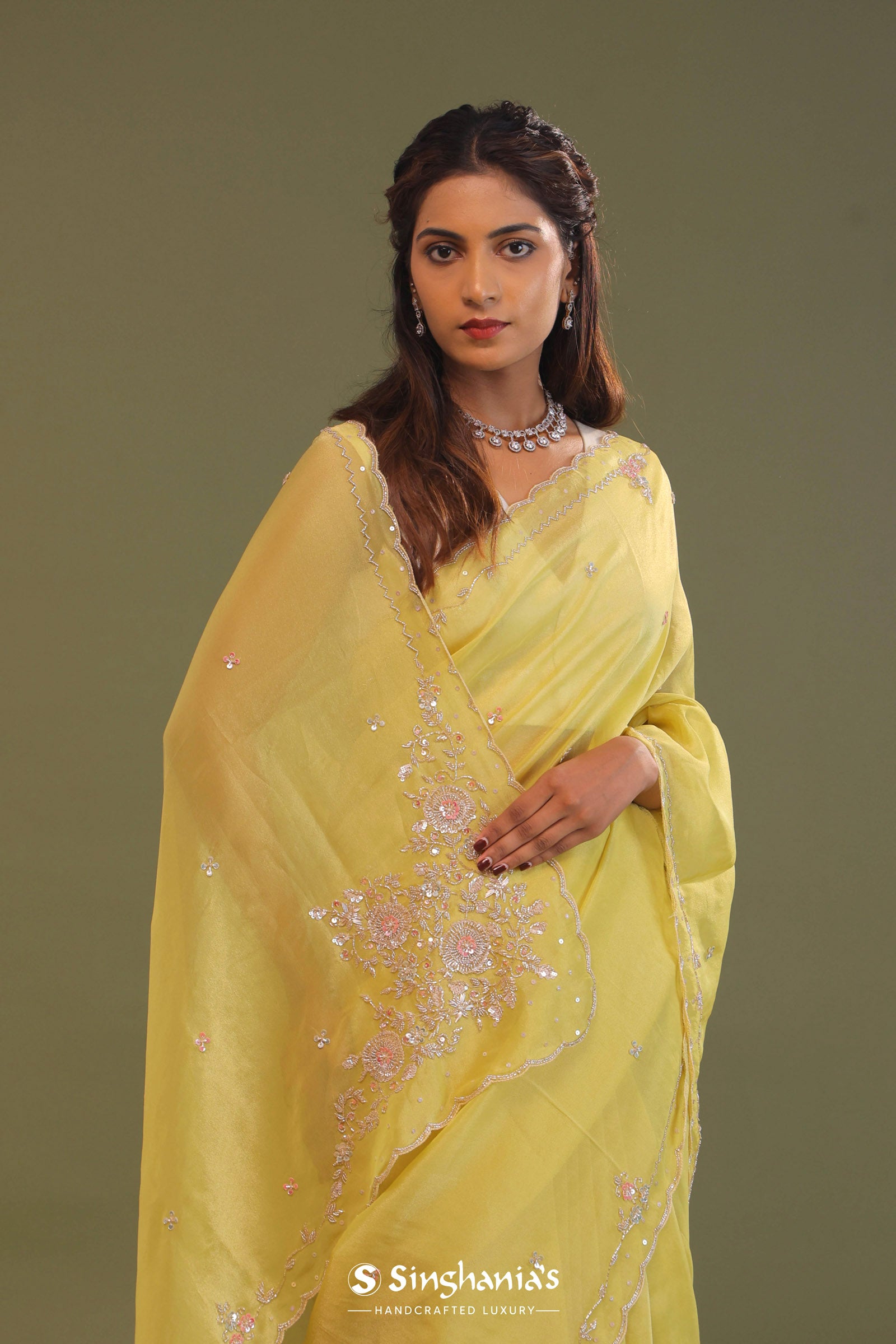 Macaroon Yellow Organza Embroidery Saree With Scallop Border
