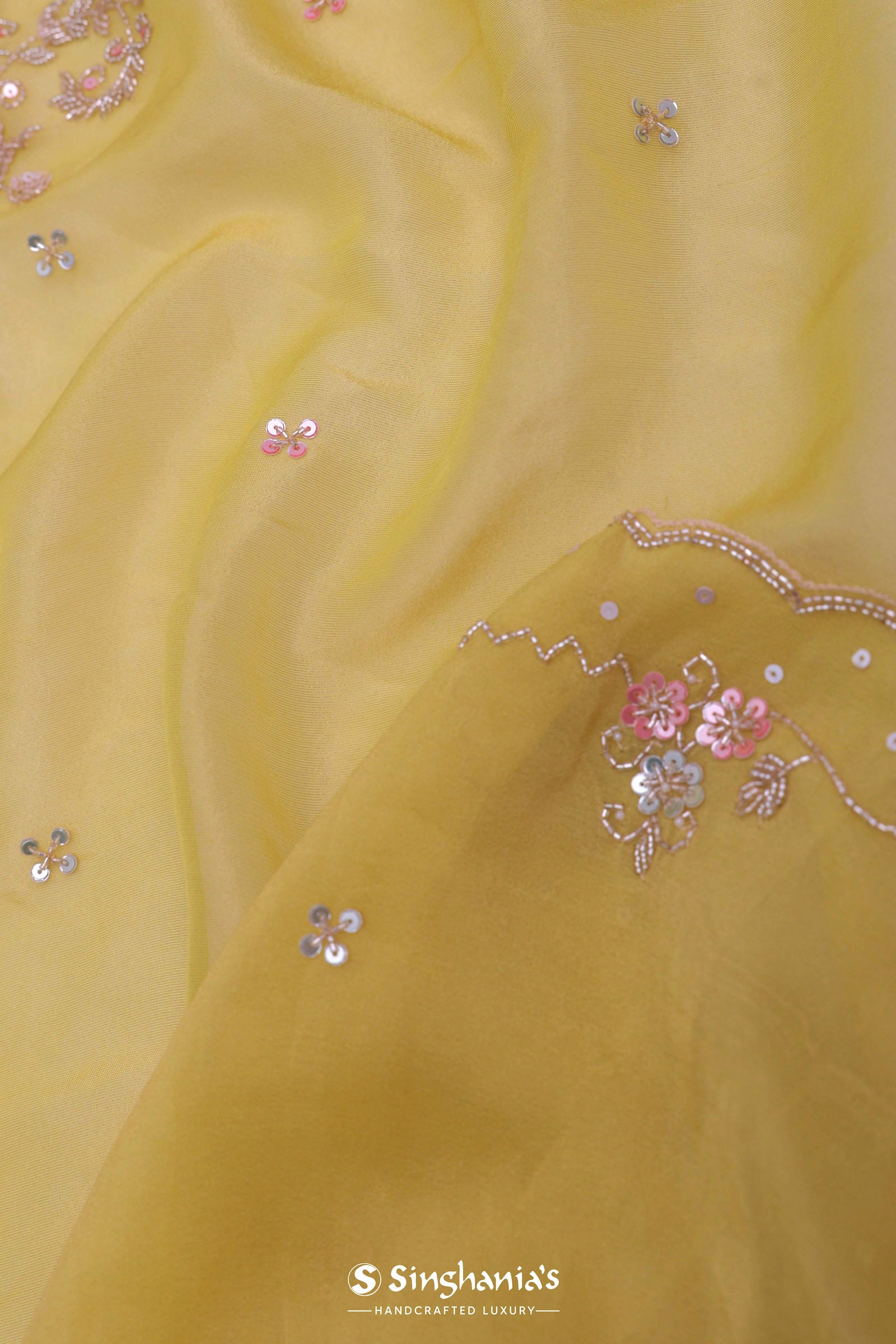 Macaroon Yellow Organza Embroidery Saree With Scallop Border