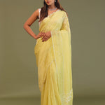 Pastel Yellow Organza Embroidery Saree With Scallop Border
