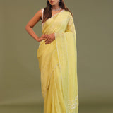 Pastel Yellow Organza Embroidery Saree With Scallop Border