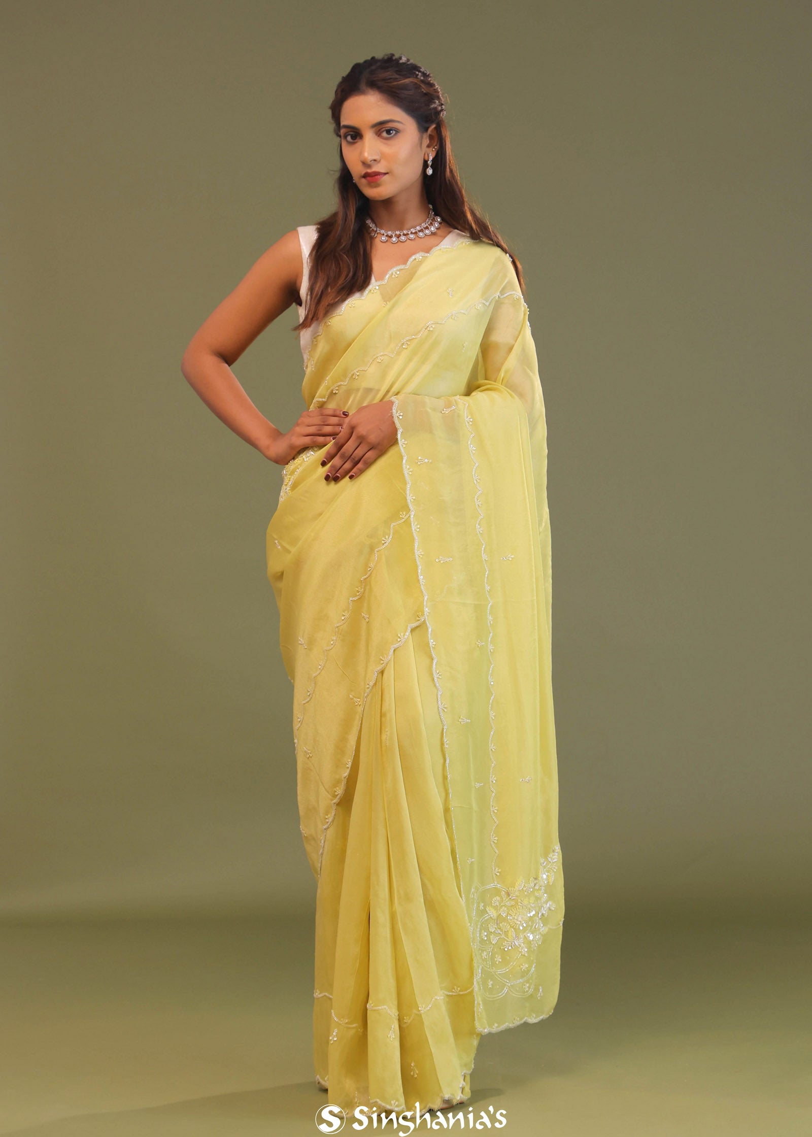 Pastel Yellow Organza Embroidery Saree With Scallop Border