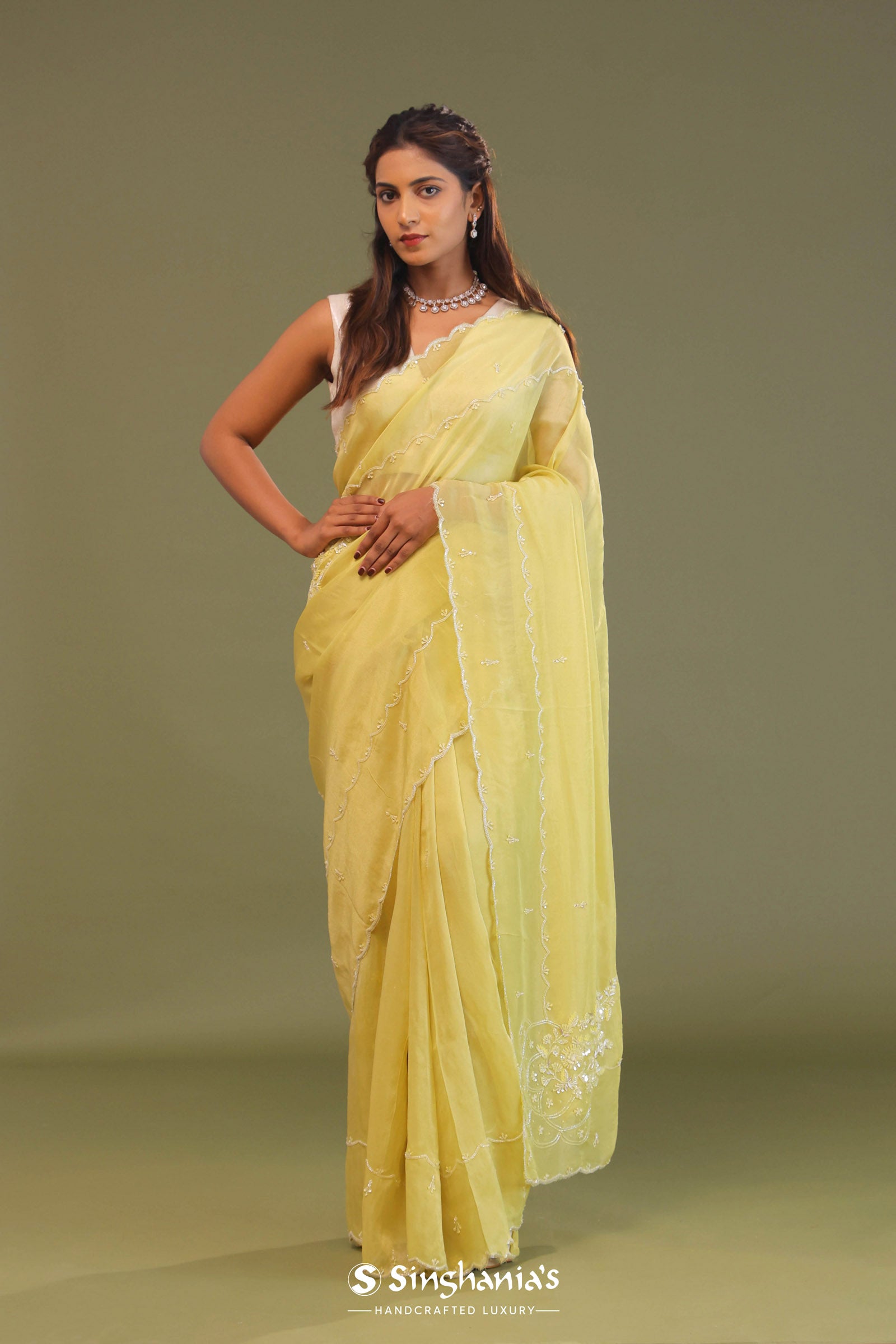 Pastel Yellow Organza Embroidery Saree With Scallop Border