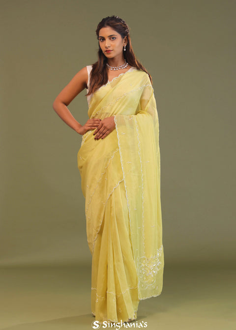 <img> Pastel Yellow Organza Embroidery Saree With Scallop Border