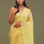 Pastel Yellow Organza Embroidery Saree With Scallop Border