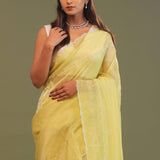 Pastel Yellow Organza Embroidery Saree With Scallop Border