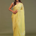 Pastel Yellow Organza Embroidery Saree With Scallop Border