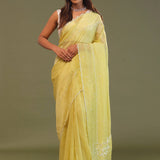 Pastel Yellow Organza Embroidery Saree With Scallop Border