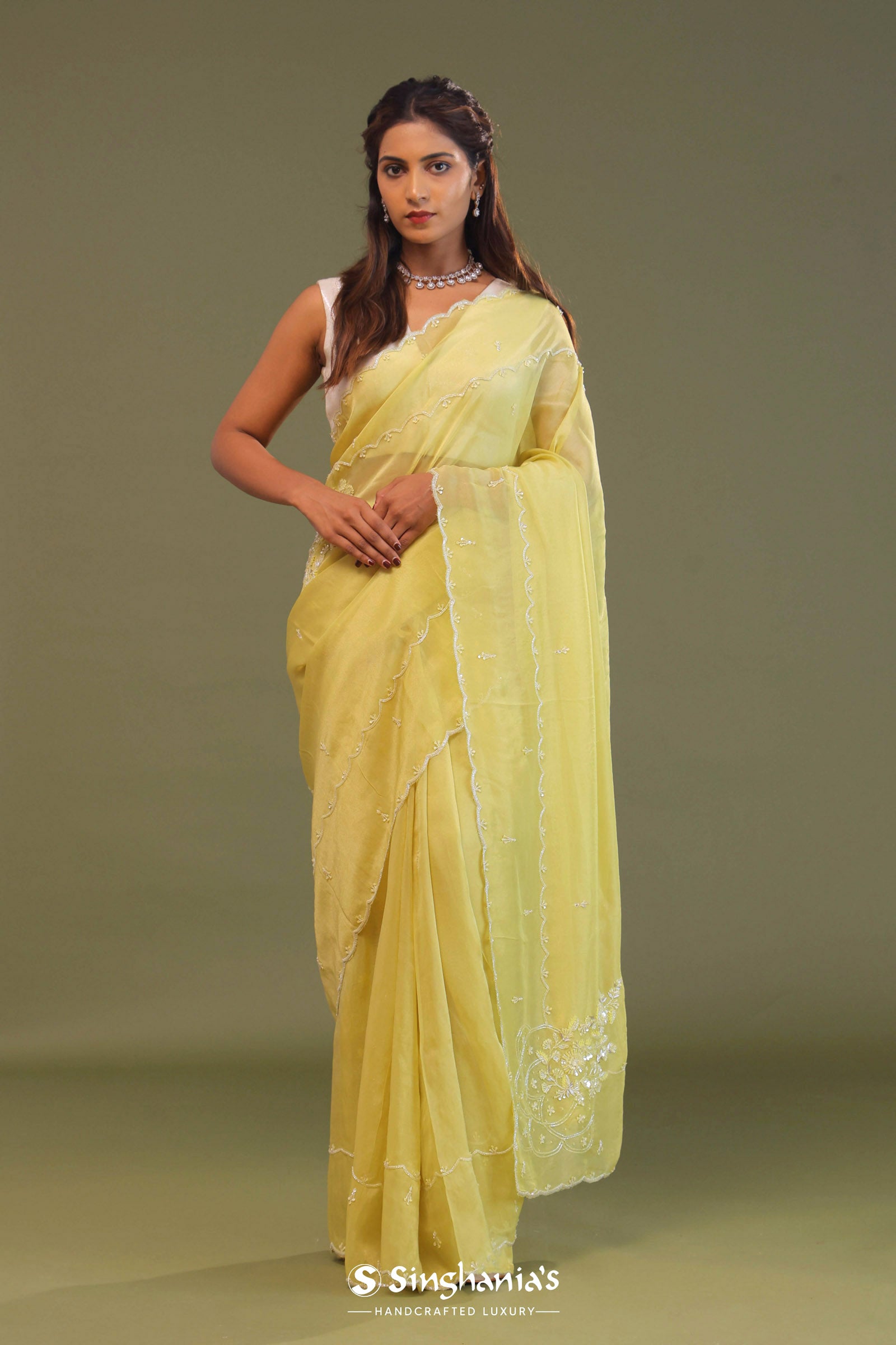 Pastel Yellow Organza Embroidery Saree With Scallop Border