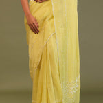 Pastel Yellow Organza Embroidery Saree With Scallop Border