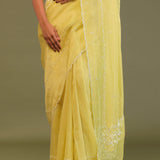 Pastel Yellow Organza Embroidery Saree With Scallop Border