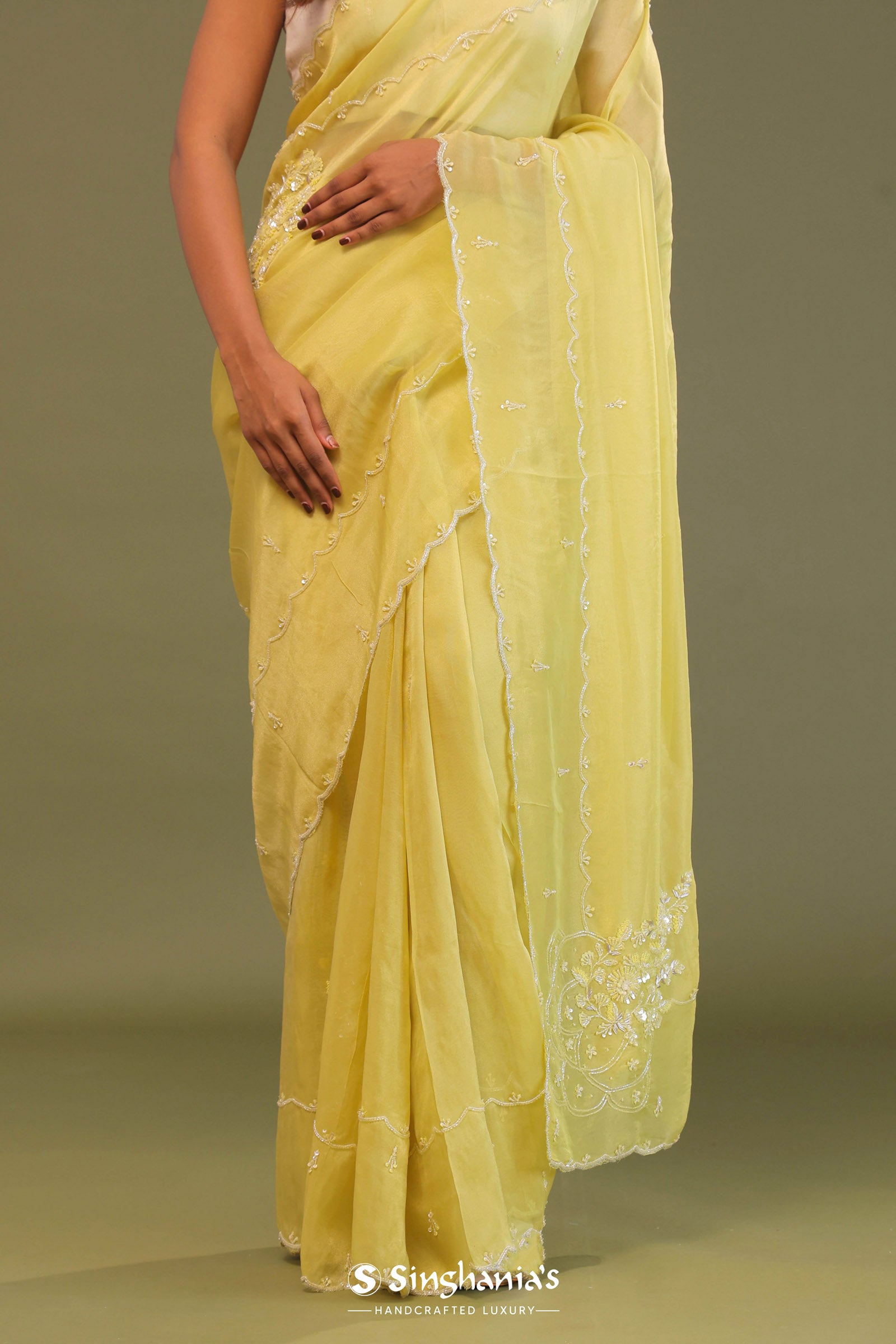 Pastel Yellow Organza Embroidery Saree With Scallop Border