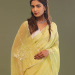 Pastel Yellow Organza Embroidery Saree With Scallop Border