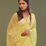 Pastel Yellow Organza Embroidery Saree With Scallop Border