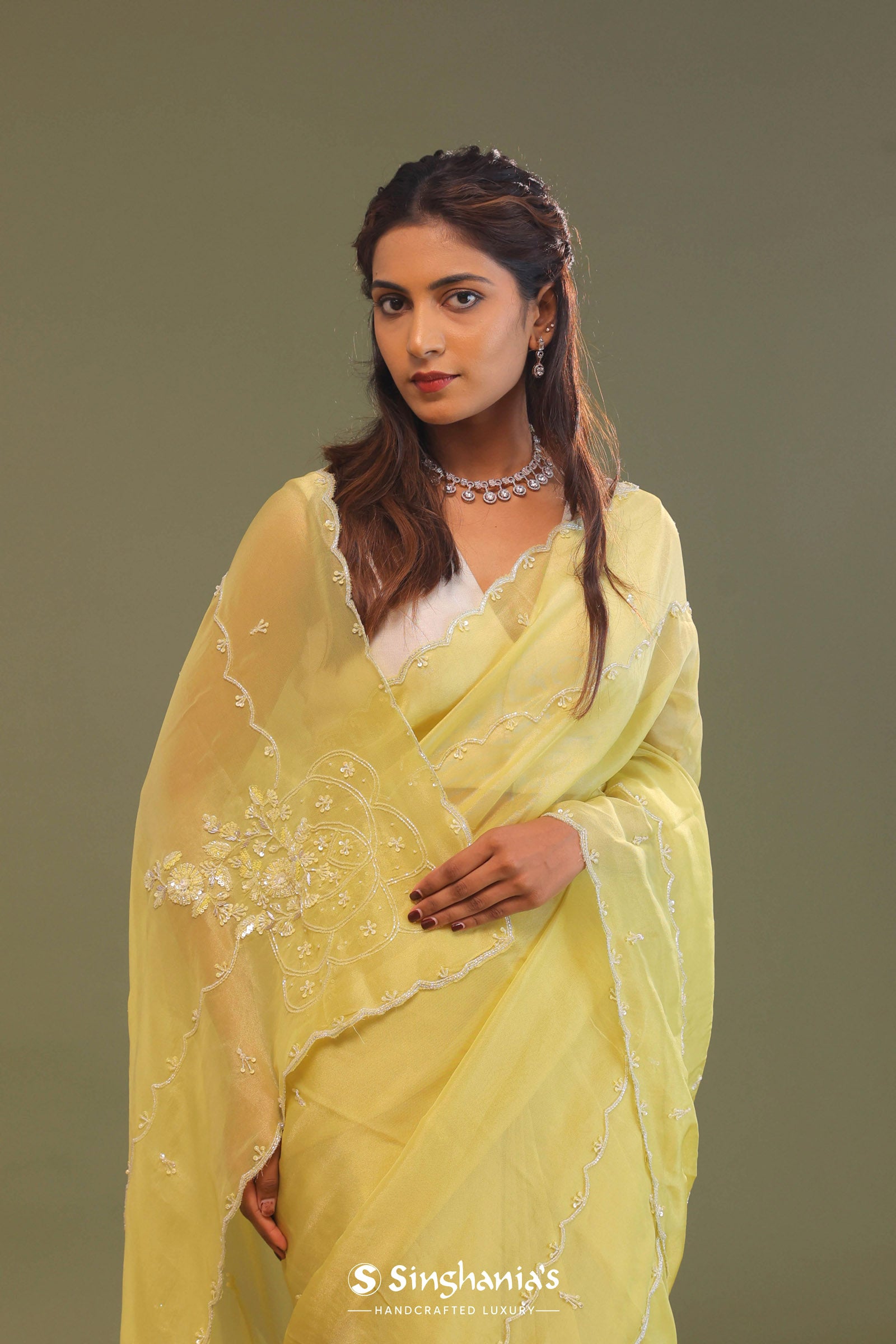 Pastel Yellow Organza Embroidery Saree With Scallop Border