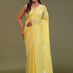 Macaroon Yellow Organza Embroidery Saree With Scallop Border