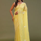 Macaroon Yellow Organza Embroidery Saree With Scallop Border