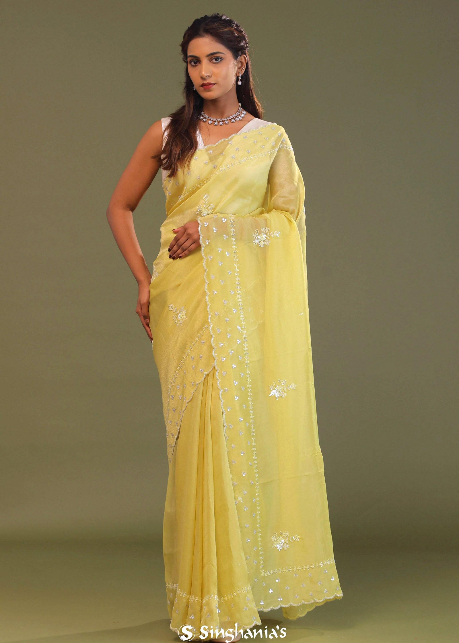 Macaroon Yellow Organza Embroidery Saree With Scallop Border
