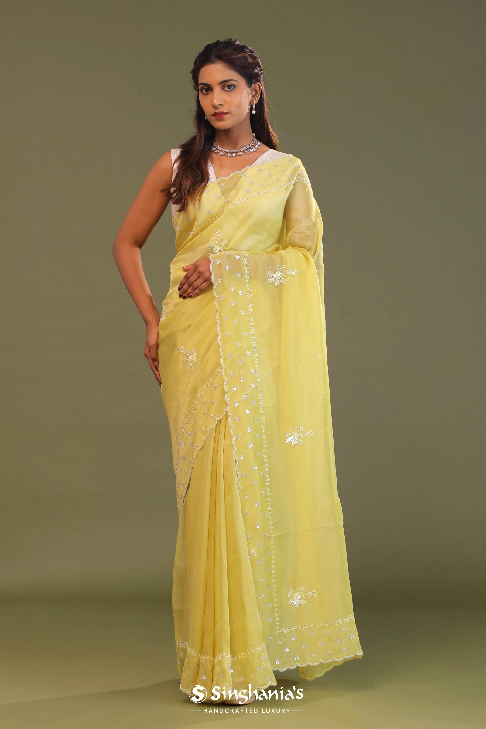 Macaroon Yellow Organza Embroidery Saree With Scallop Border