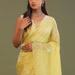 Macaroon Yellow Organza Embroidery Saree With Scallop Border